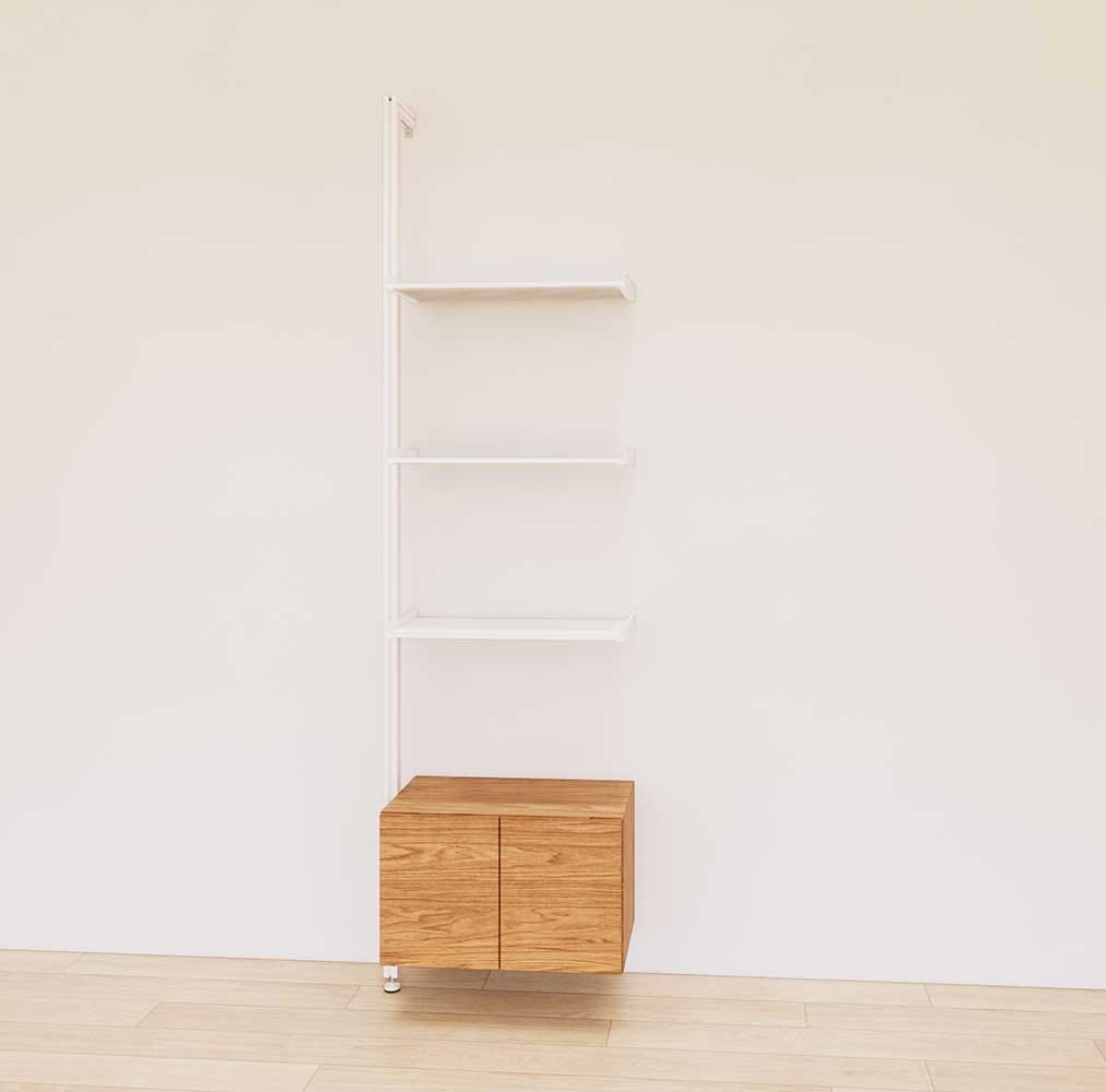 Retail display shelving extension with Tea for Two shelves, white vertical post, and base cabinets in a 24-inch, one-bay configuration, shown with open display shelving.