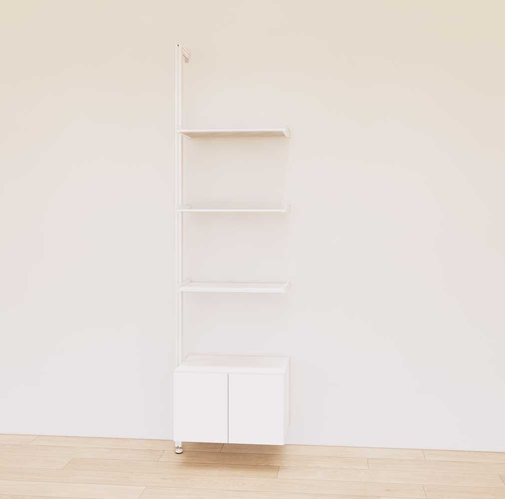 Retail display shelving extension with white shelves, white vertical post, and base cabinets in a 24-inch, one-bay configuration, shown with open display shelving.