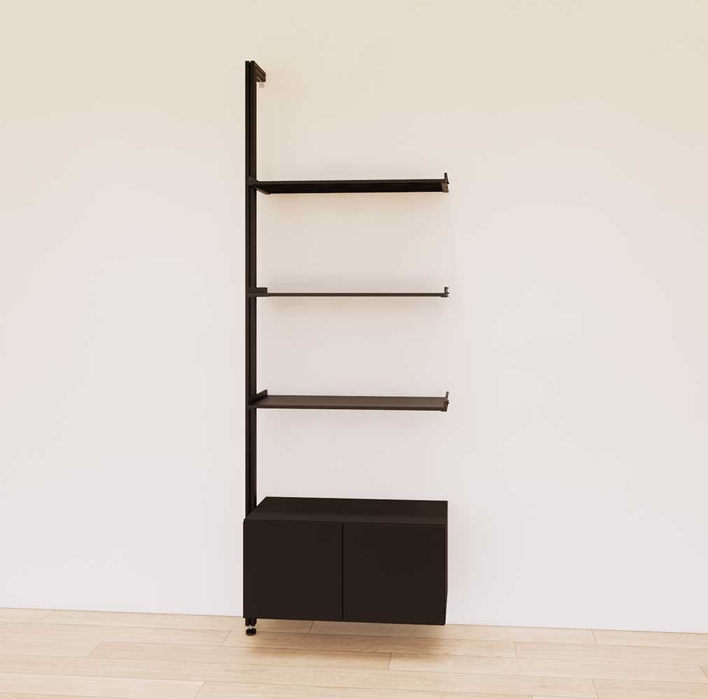 Retail display shelving unit with black shelves, black vertical posts, and base cabinets in a 31-inch configuration, shown with open display shelving.