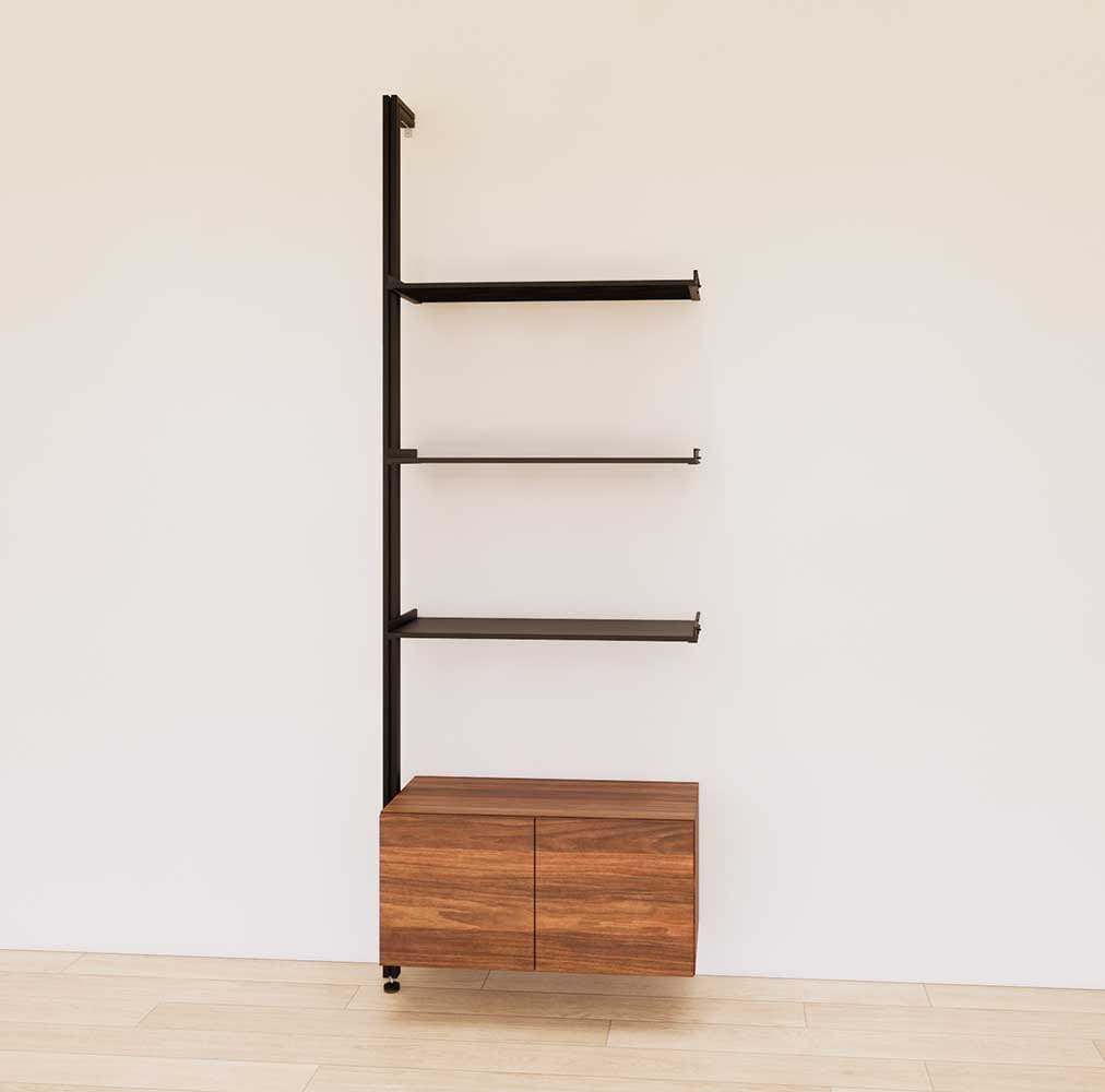 Retail display shelving unit with wood-tone SOI finish shelves, black vertical posts, and base cabinets in a 31-inch configuration, shown with open display shelving.
