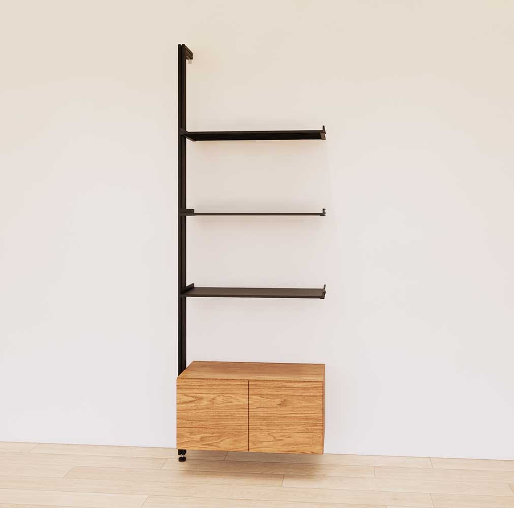 Retail display shelving unit with Tea for Two shelves, black vertical posts, and base cabinets in a 31-inch configuration, shown with open display shelving.