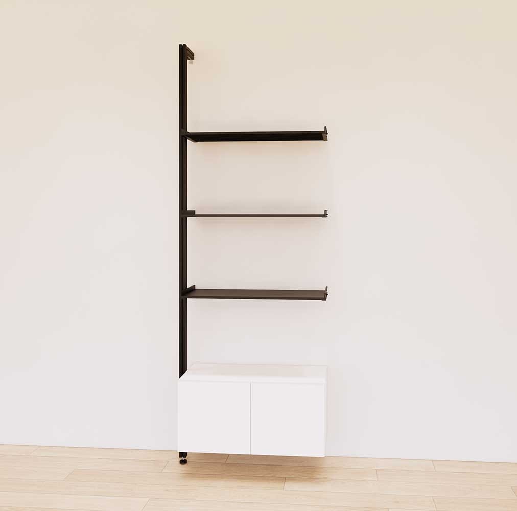 Retail display shelving unit with white shelves, black vertical posts, and base cabinets in a 31-inch configuration, shown with open display shelving.