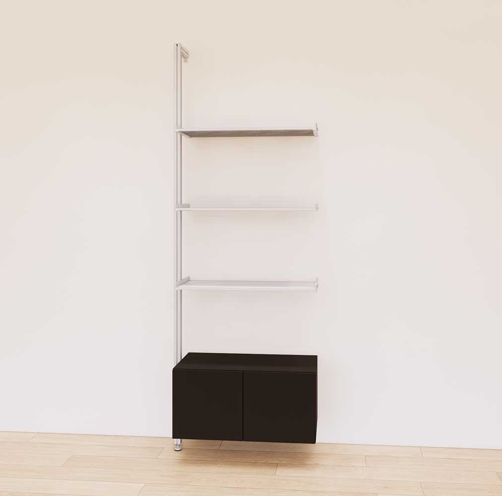 Retail display shelving unit with black shelves, satin vertical posts, and base cabinets in a 31-inch configuration, shown with open display shelving.