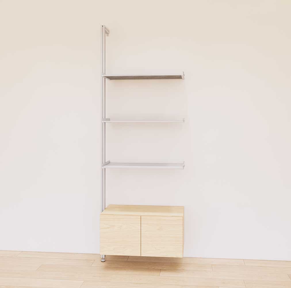 Retail display shelving unit with Casting Light shelves, satin vertical posts, and base cabinets in a 31-inch configuration, shown with open display shelving.