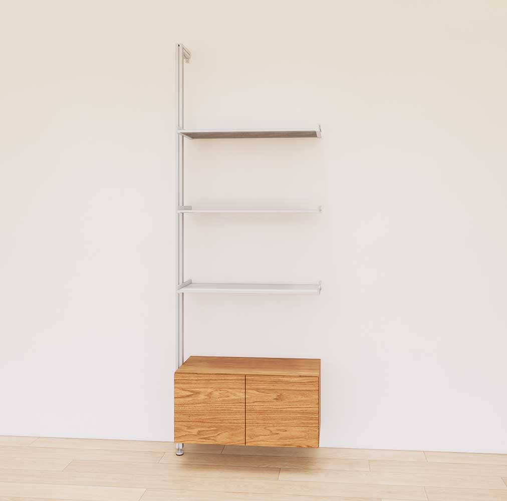 Retail display shelving unit with Tea for Two shelves, satin vertical posts, and base cabinets in a 31-inch configuration, shown with open display shelving.