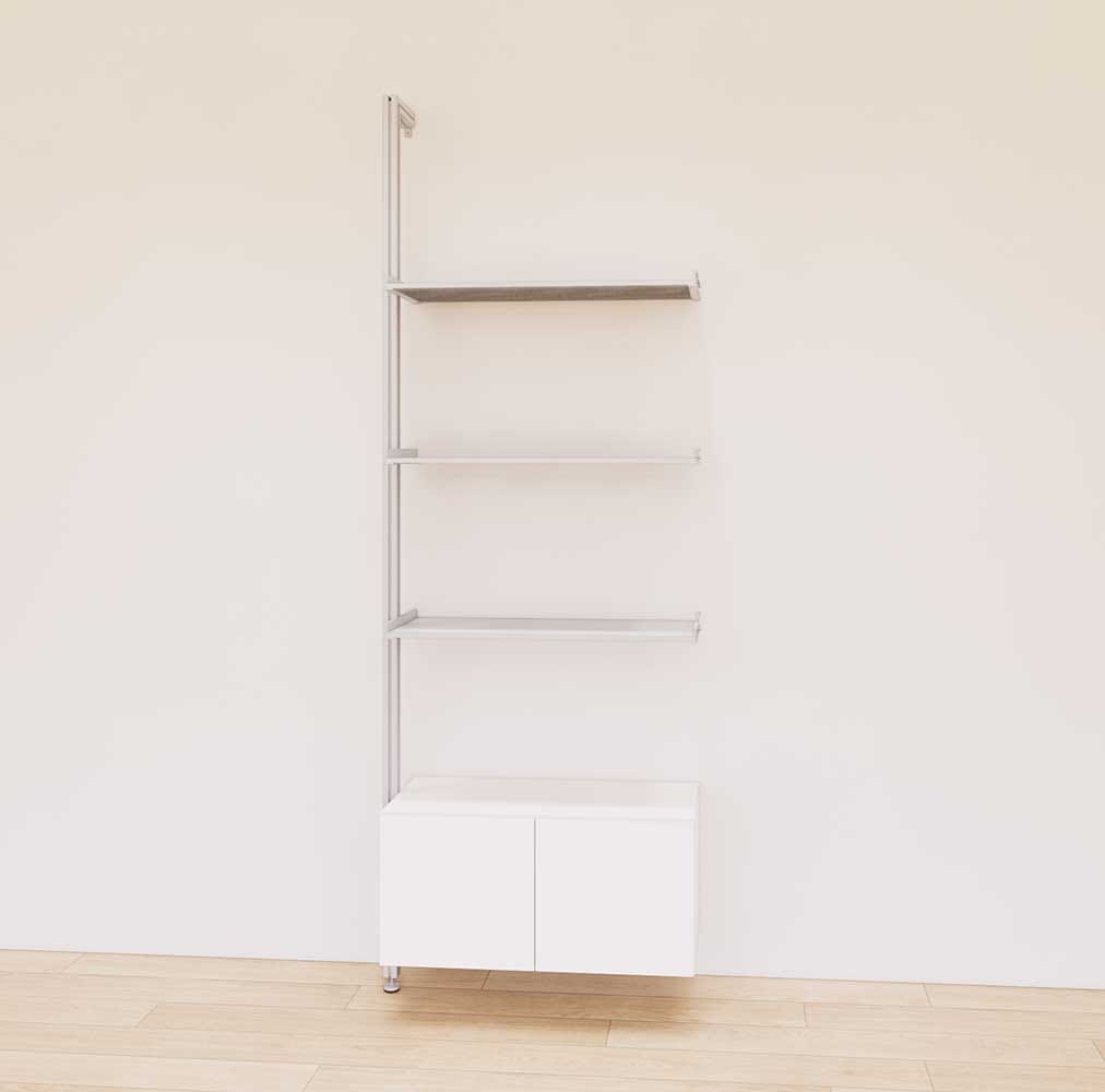 Retail display shelving extension with white shelves, satin vertical post, and base cabinets in a 31-inch, one-bay configuration, shown with open display shelving.