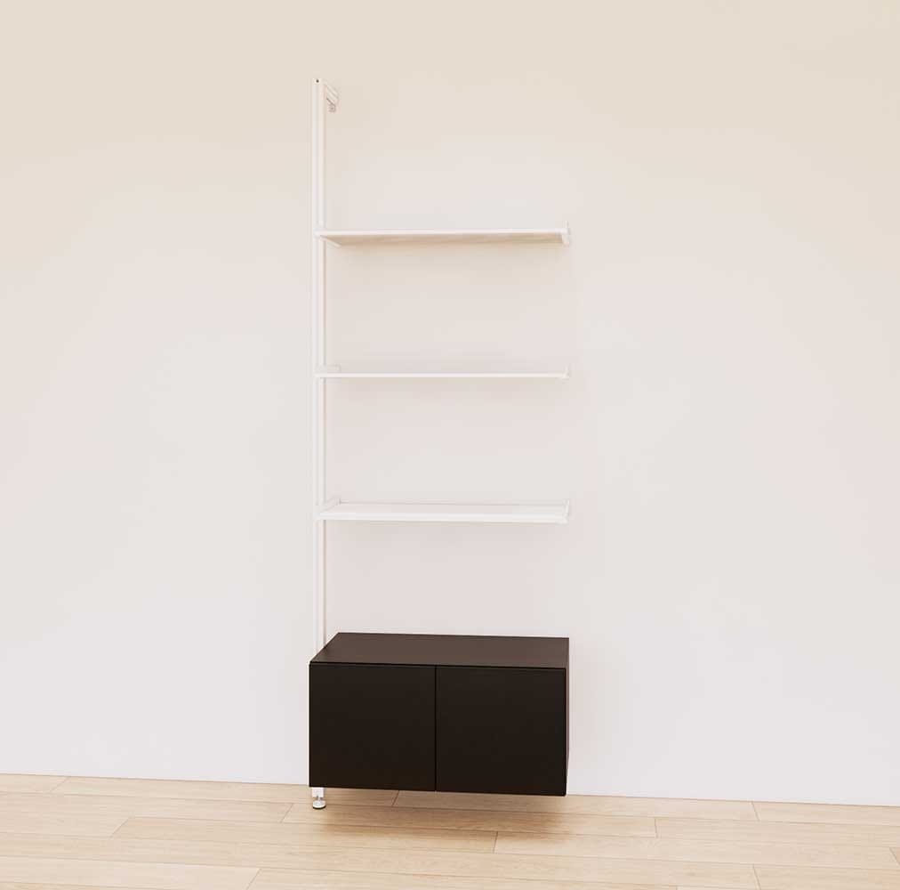 Retail display shelving extension with black shelves, white vertical post, and base cabinets in a 31-inch, one-bay configuration, shown with open display shelving.