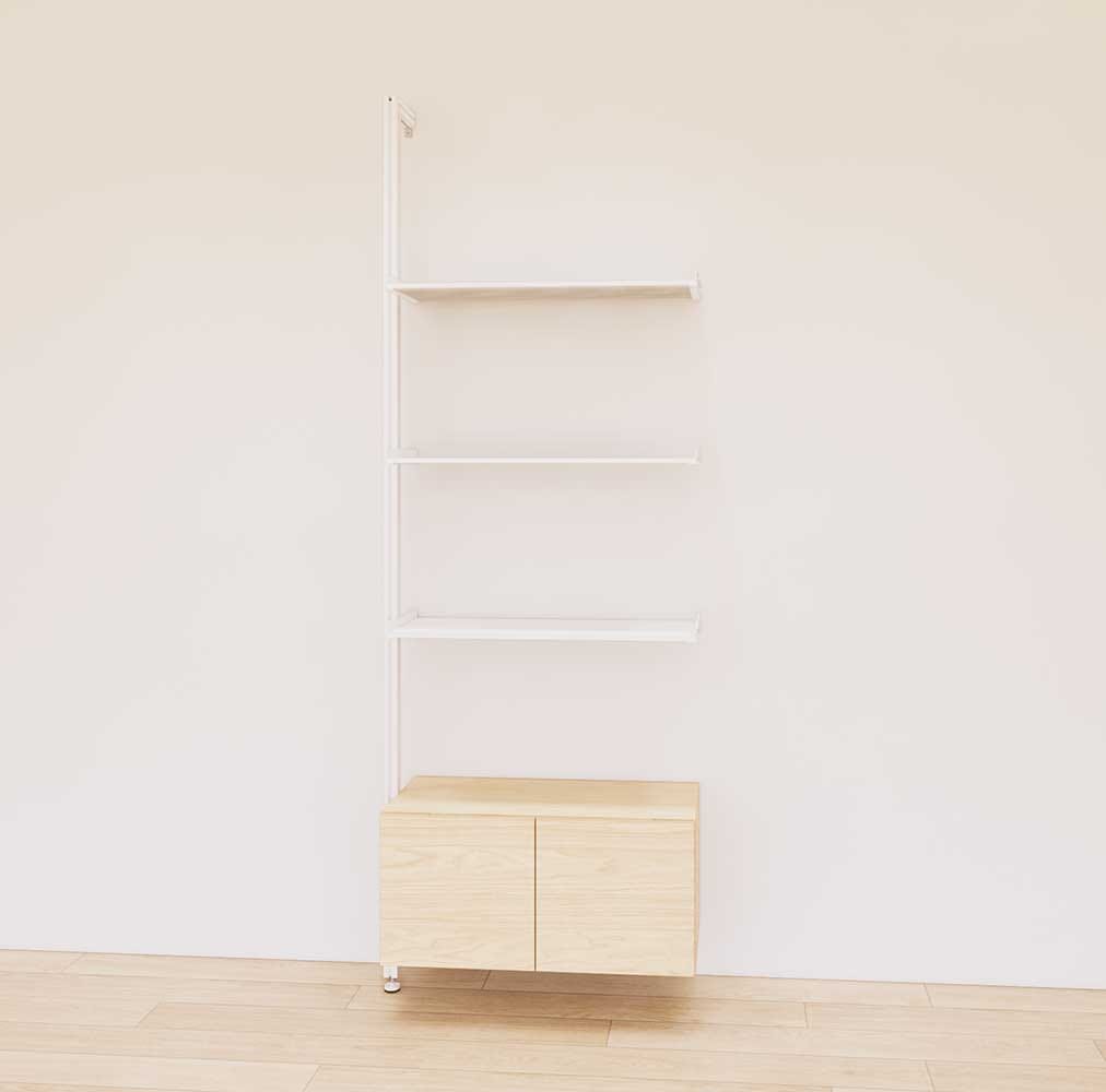 Retail display shelving unit with Casting Light shelves, white vertical posts, and base cabinets in a 31-inch configuration, shown with open display shelving.