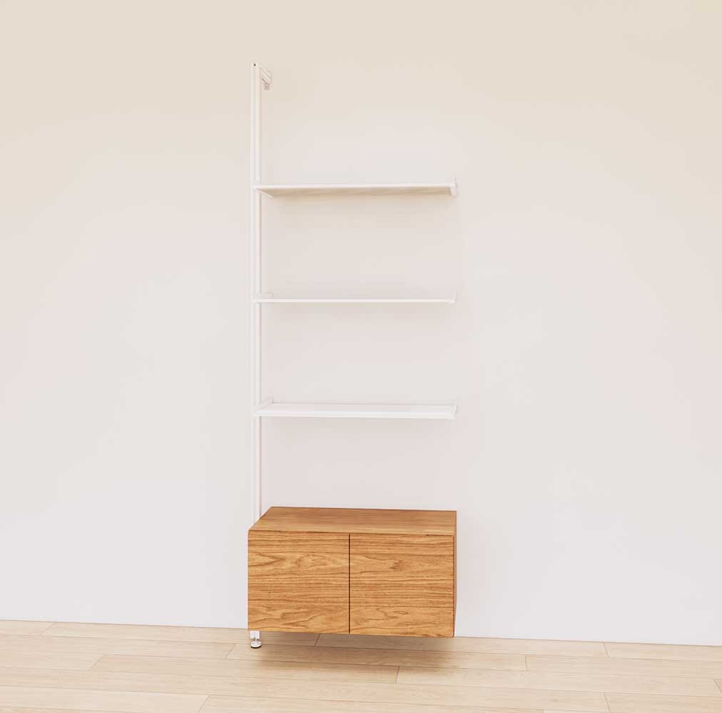 Retail display shelving unit with Tea for Two shelves, white vertical posts, and base cabinets in a 31-inch configuration, shown with open display shelving.