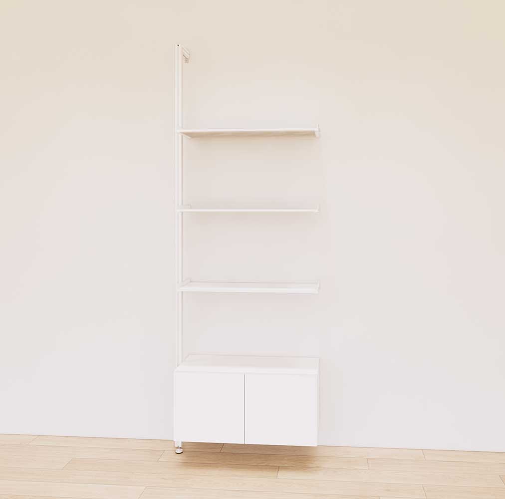 Retail display shelving unit with white shelves, white vertical posts, and base cabinets in a 31-inch configuration, shown with open display shelving.
