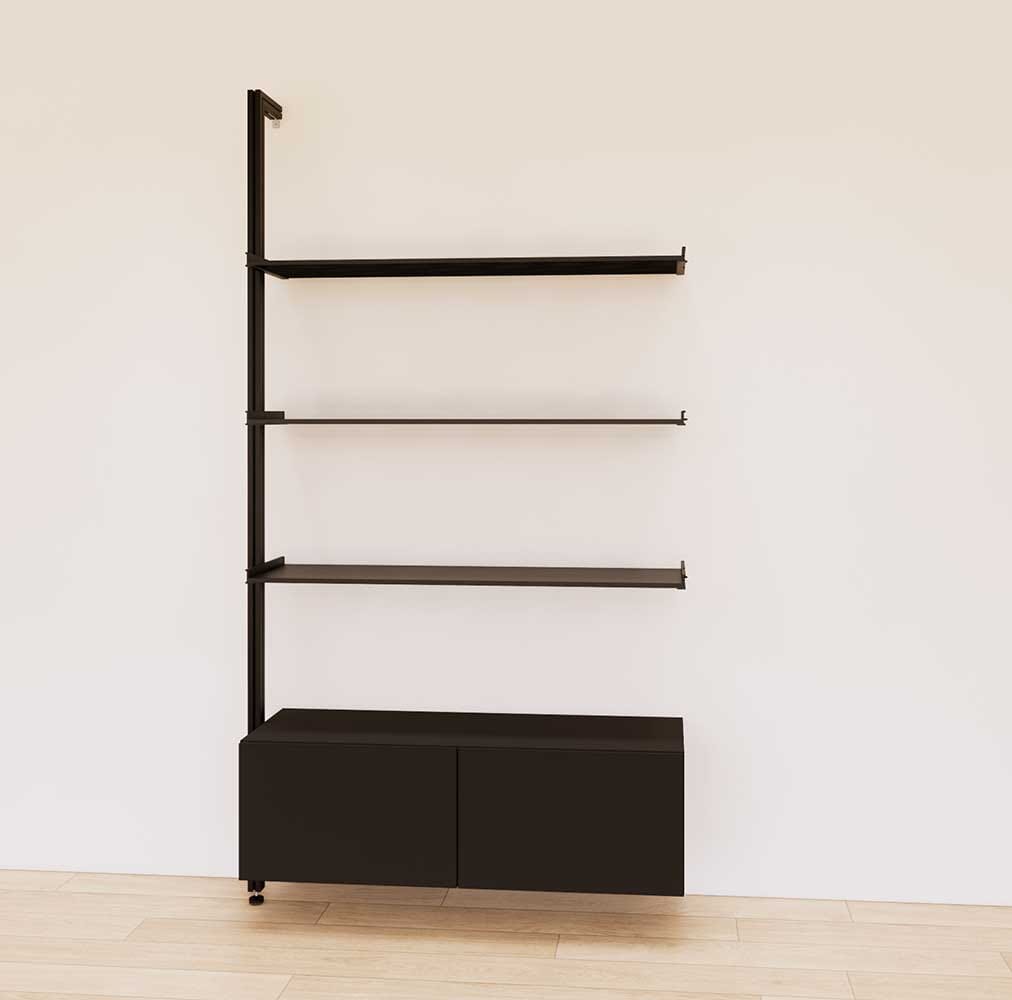 Retail display shelving unit with black shelves, black vertical posts, and base cabinets in a 48-inch configuration, shown with open display shelving.