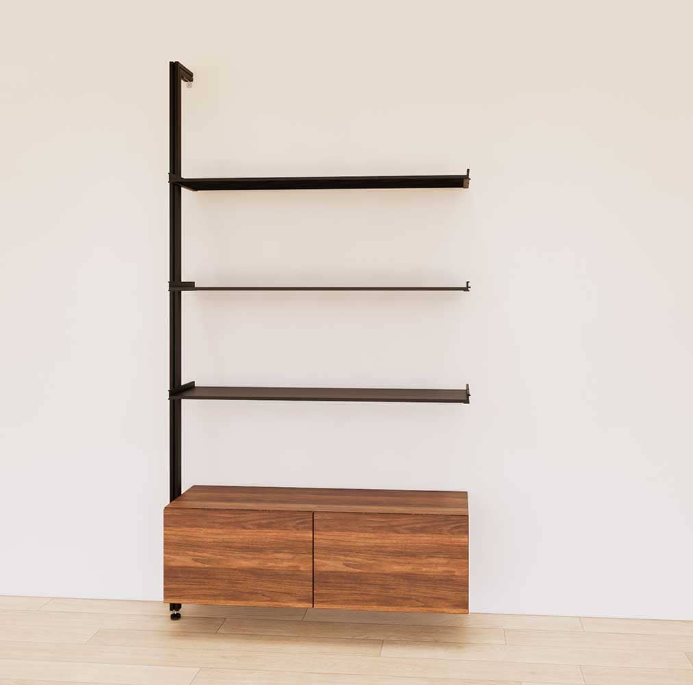 Retail display shelving unit with wood-tone SOI finish shelves, black vertical posts, and base cabinets in a 48-inch configuration, shown with open display shelving.