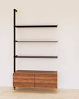 Retail display shelving unit with wood-tone SOI finish shelves, black vertical posts, and base cabinets in a 48-inch configuration, shown with open display shelving.