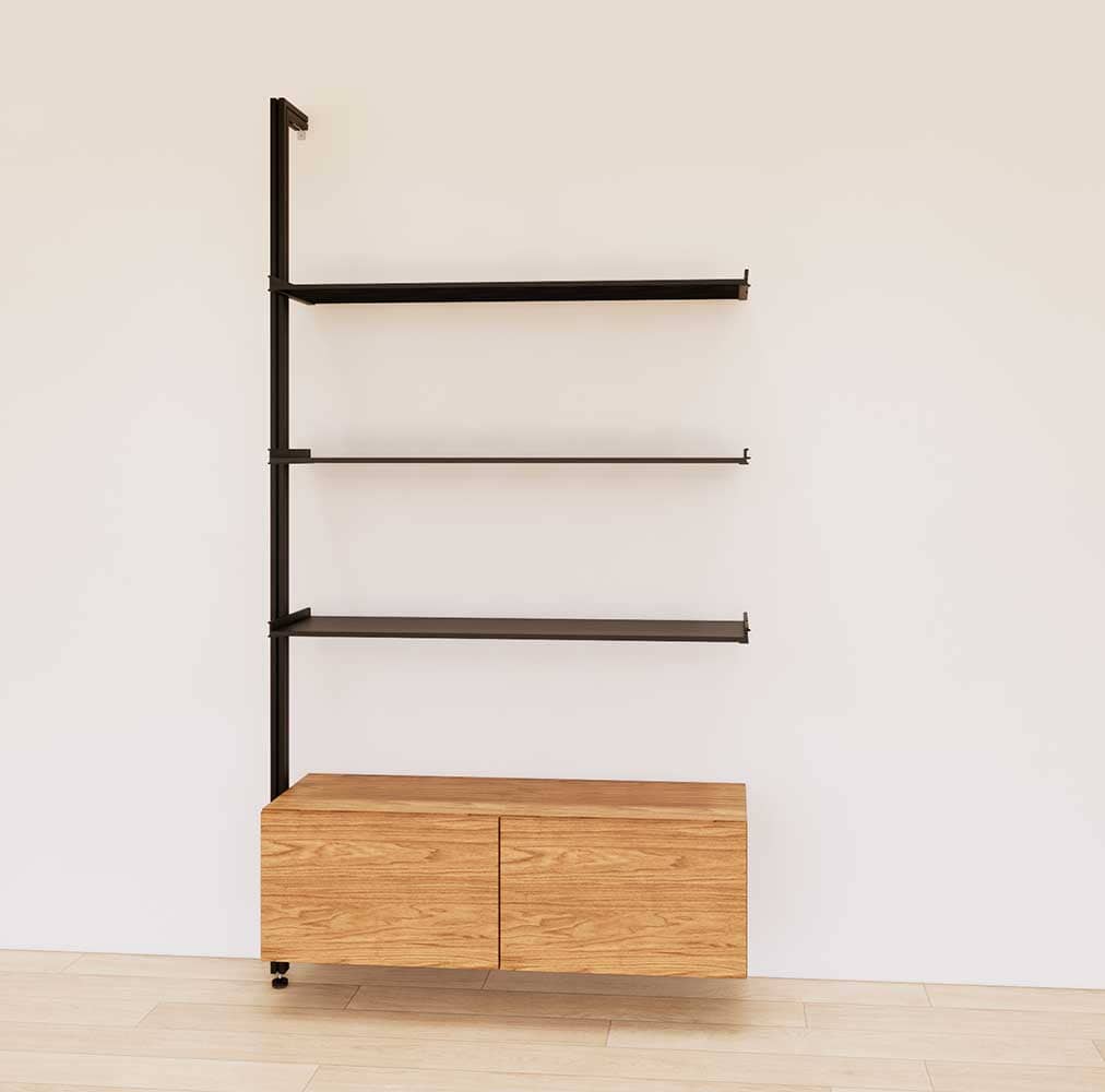 Retail display shelving unit with Tea for Two shelves, black vertical posts, and base cabinets in a 48-inch configuration, shown with open display shelving.