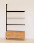 Retail display shelving unit with Tea for Two shelves, black vertical posts, and base cabinets in a 48-inch configuration, shown with open display shelving.