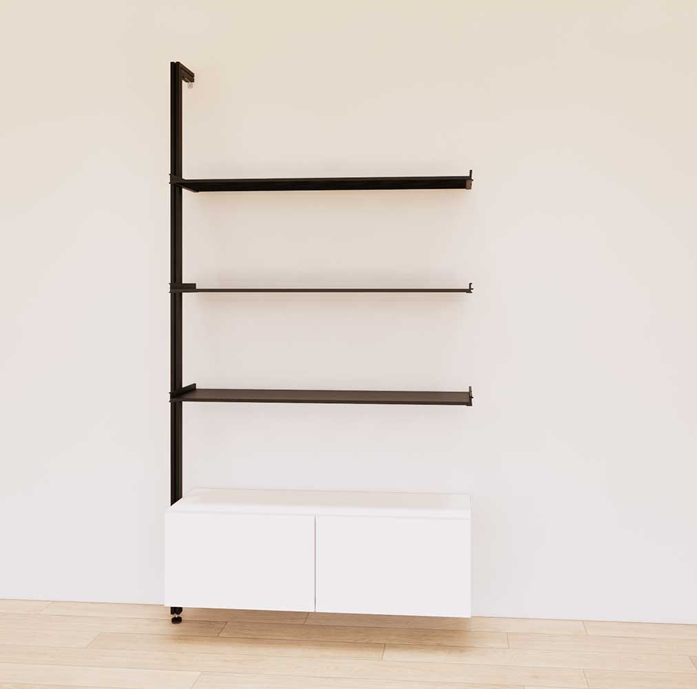 Retail display shelving unit with white shelves, black vertical posts, and base cabinets in a 48-inch configuration, shown with open display shelving.