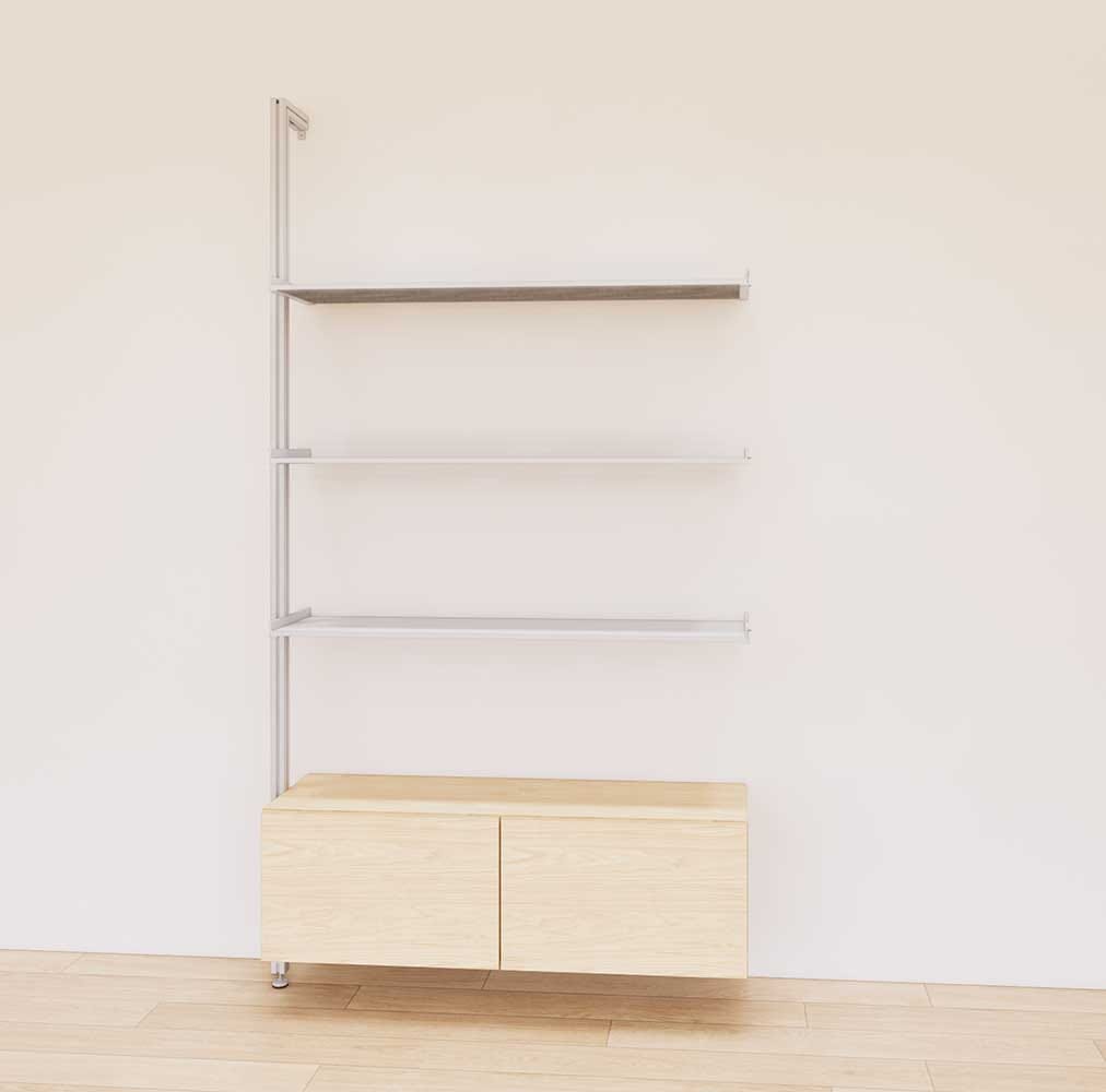 Retail display shelving unit with Casting Light shelves, satin vertical posts, and base cabinets in a 48-inch configuration, shown with open display shelving.