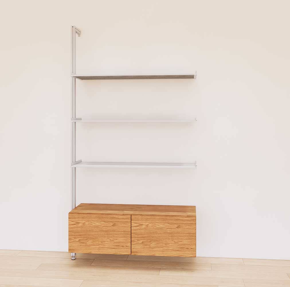 Retail display shelving unit with Tea for Two shelves, satin vertical posts, and base cabinets in a 48-inch configuration, shown with open display shelving.