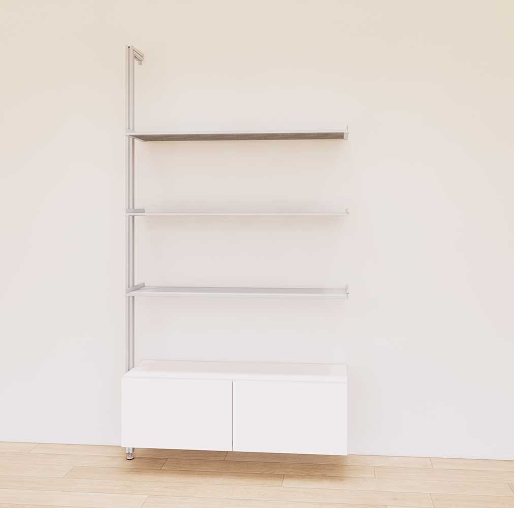 Retail display shelving unit with white shelves, satin vertical posts, and base cabinets in a 48-inch configuration, shown with open display shelving.