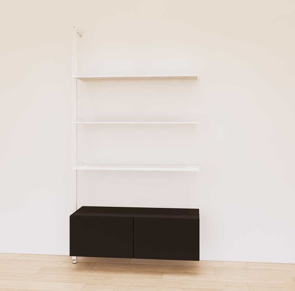 Retail display shelving unit with black shelves, white vertical posts, and base cabinets in a 48-inch configuration, shown with open display shelving.
