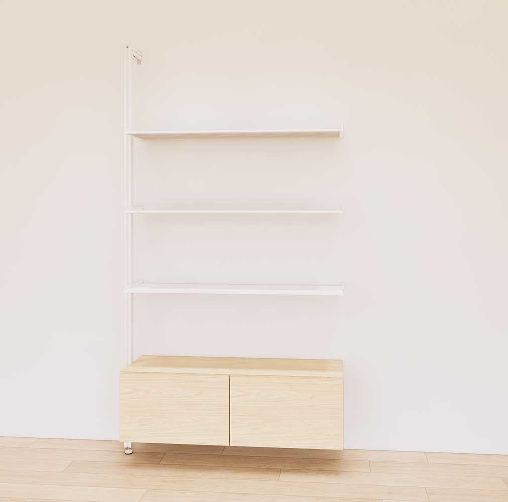 Retail display shelving unit with Casting Light shelves, white vertical posts, and base cabinets in a 48-inch configuration, shown with open display shelving.