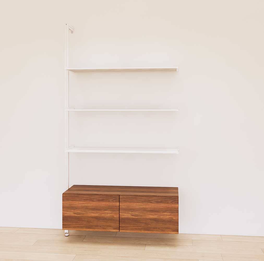 Retail display shelving unit with wood-tone SOI finish shelves, white vertical posts, and base cabinets in a 48-inch configuration, shown with open display shelving.
