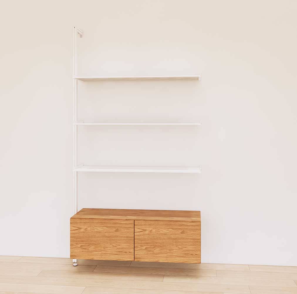 Retail display shelving unit with Tea for Two shelves, white vertical posts, and base cabinets in a 48-inch configuration, shown with open display shelving.