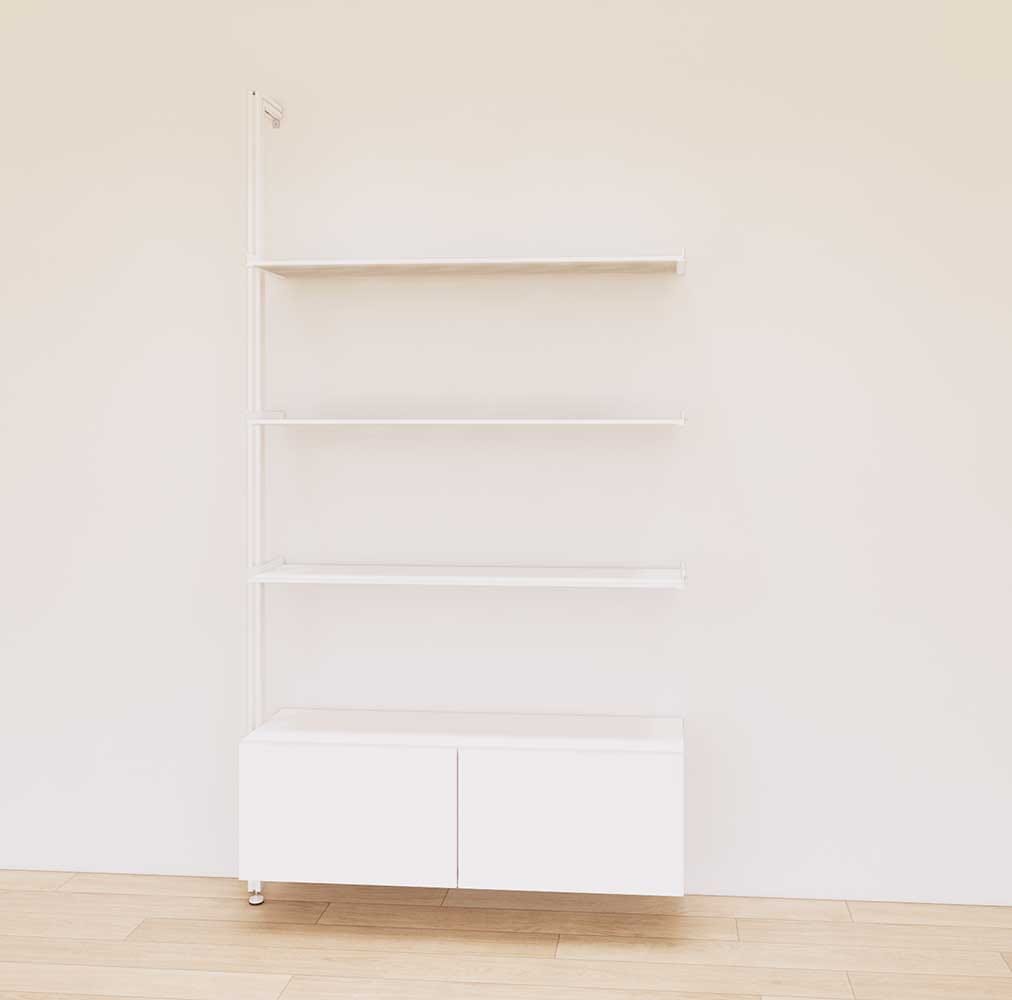 Retail display shelving unit with white shelves, white vertical posts, and base cabinets in a 48-inch configuration, shown with open display shelving.