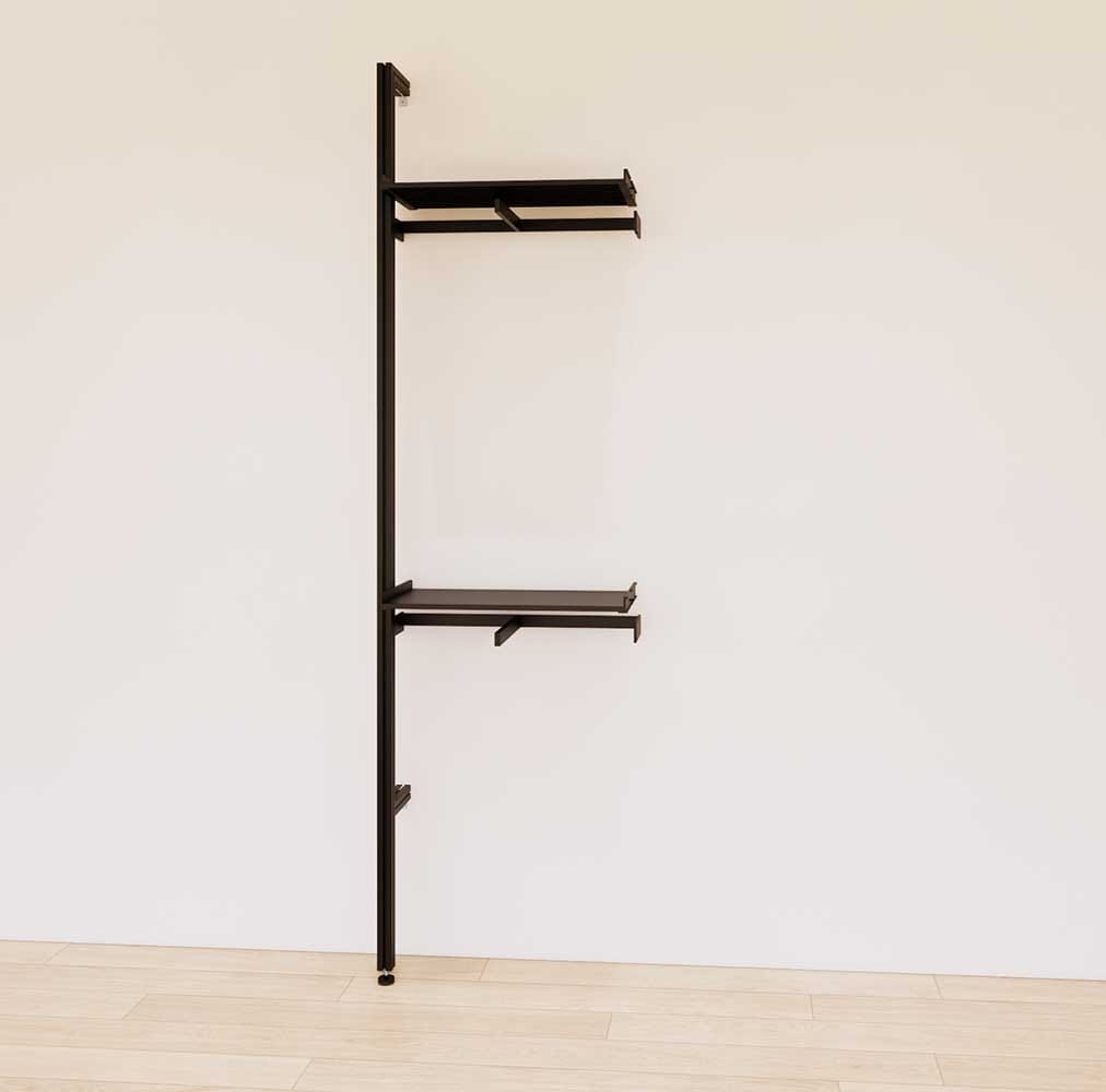 Retail display shelving extension with black shelves and black vertical post, shown with front hanging bars and display shelves in a 24-inch, one-bay configuration.