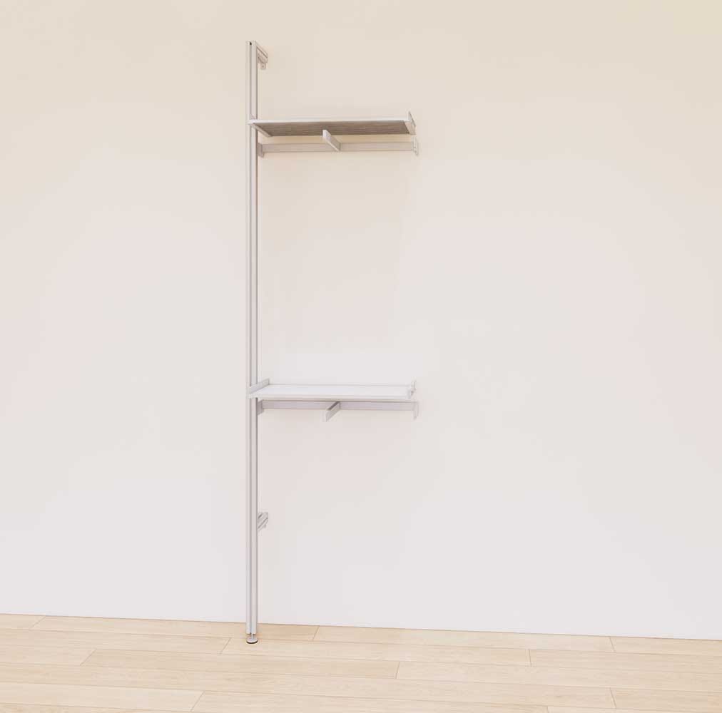 Retail display shelving extension with satin shelves and satin vertical post, shown with front hanging bars and display shelves in a 24-inch, one-bay configuration.
