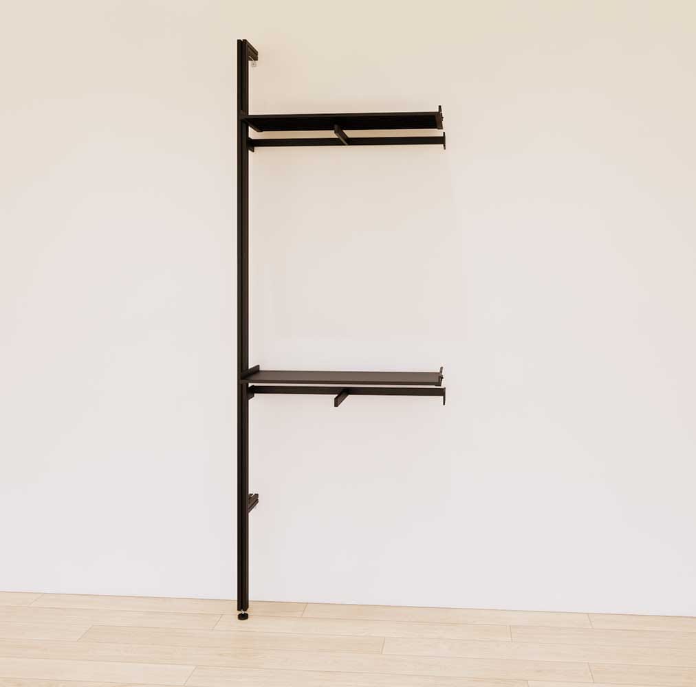 Retail display shelving extension with black shelves and black vertical post, shown with front hanging bars and display shelves in a 31-inch, one-bay configuration.