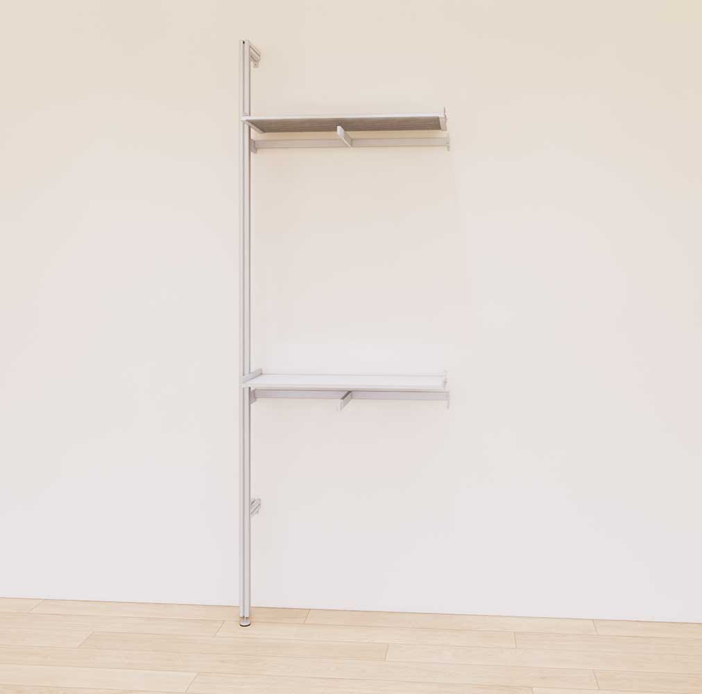 Retail display shelving extension with satin shelves and satin vertical post, shown with front hanging bars and display shelves in a 31-inch, one-bay configuration.