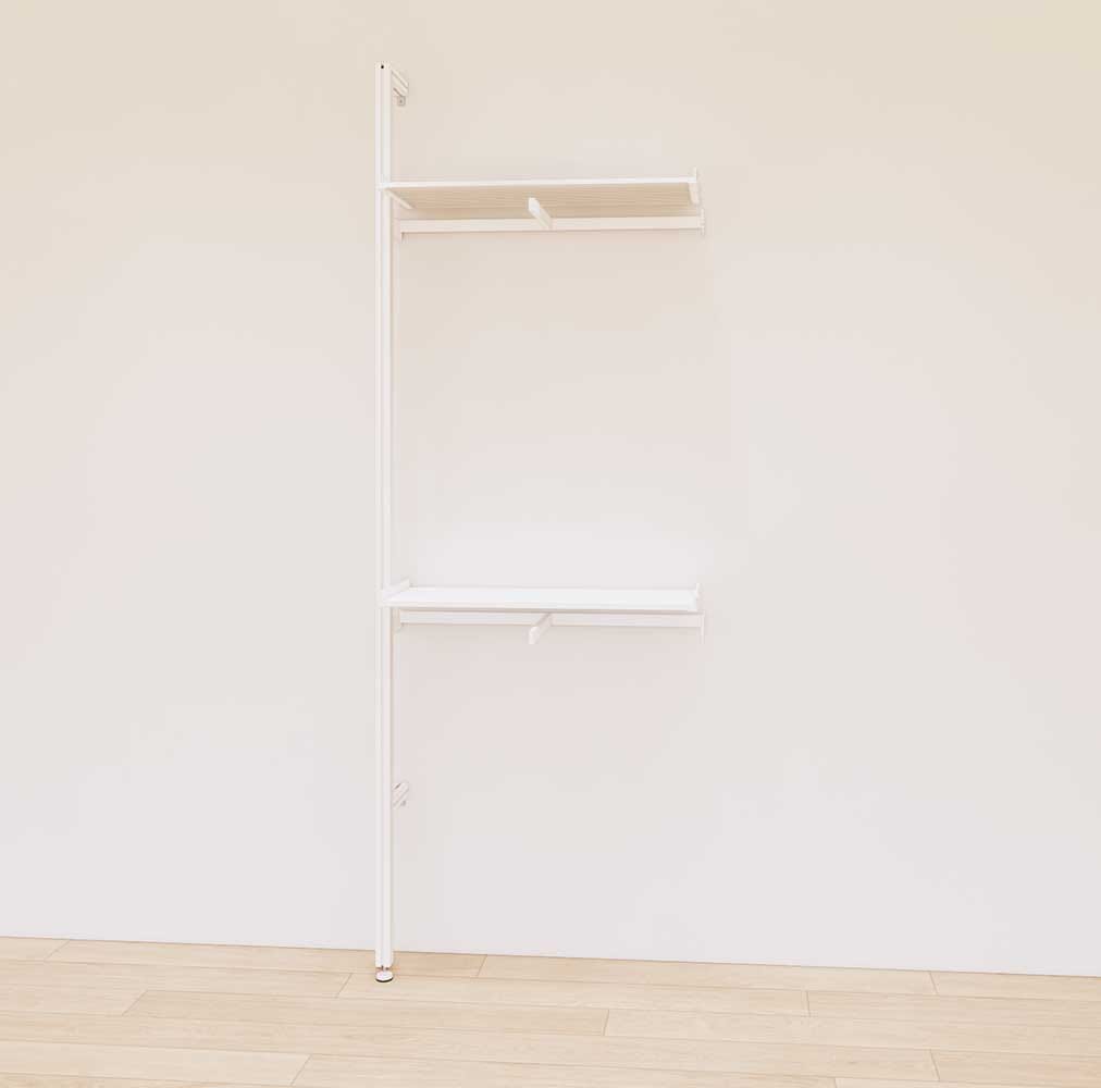 Retail display shelving extension with white shelves and white vertical post, shown with front hanging bars and display shelves in a 31-inch, one-bay configuration.