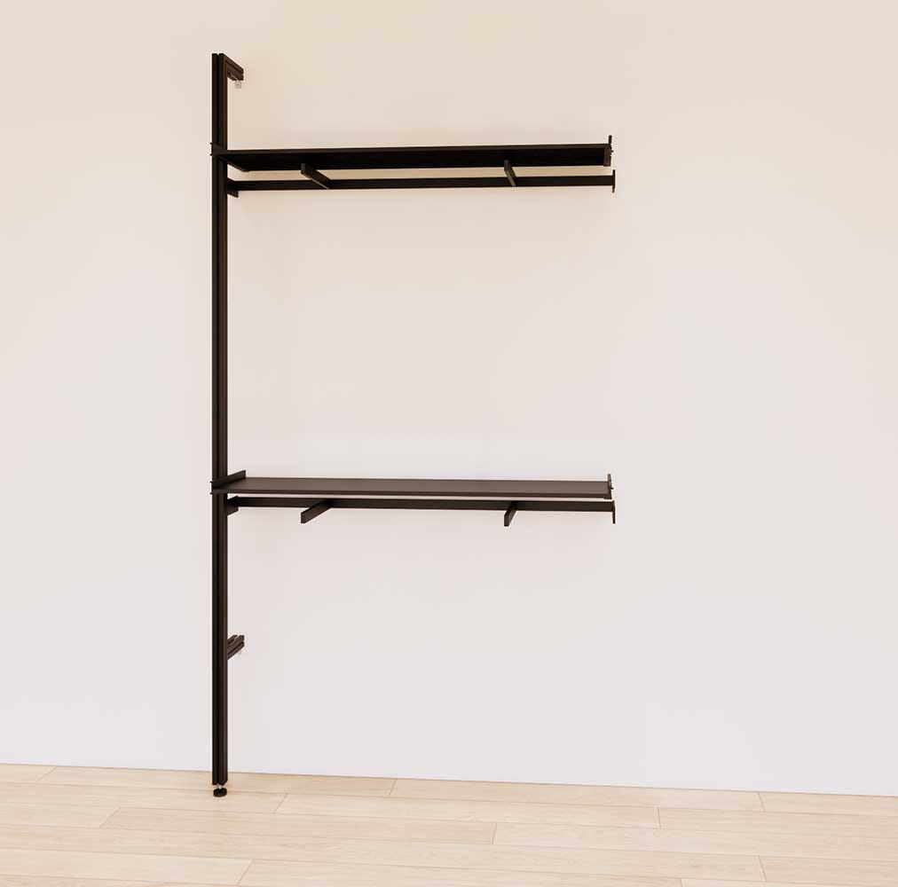 Retail display shelving extension with black shelves and black vertical post, shown with front hanging bars and display shelves in a 48-inch, one-bay configuration.
