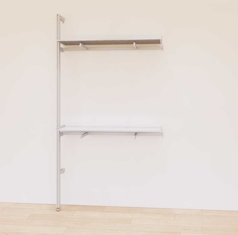 Retail display shelving extension with satin shelves and satin vertical post, shown with front hanging bars and display shelves in a 48-inch, one-bay configuration.