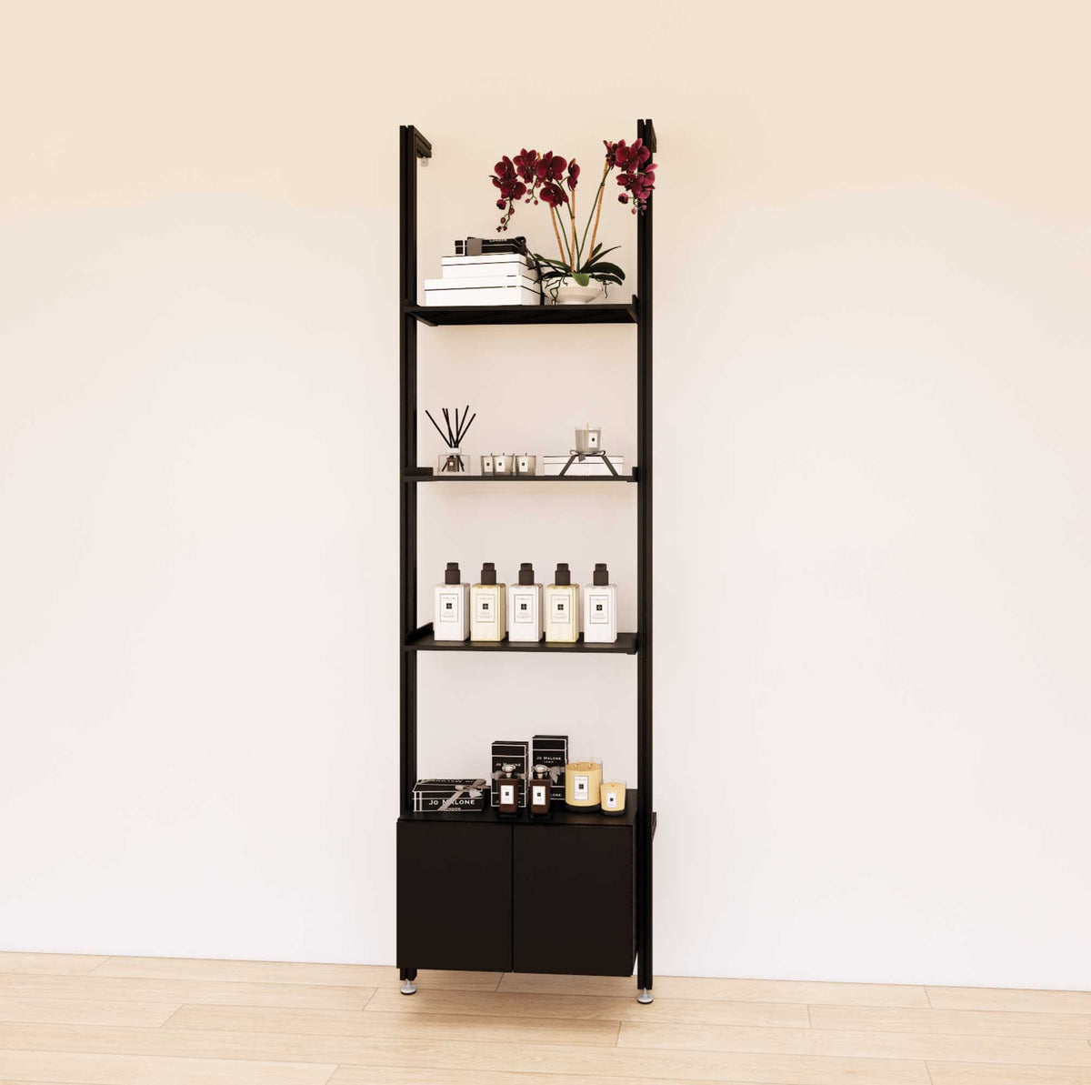 Retail display shelving extension with black shelves, black vertical post, and base cabinets in a 24-inch, one-bay configuration, shown with open display shelving.