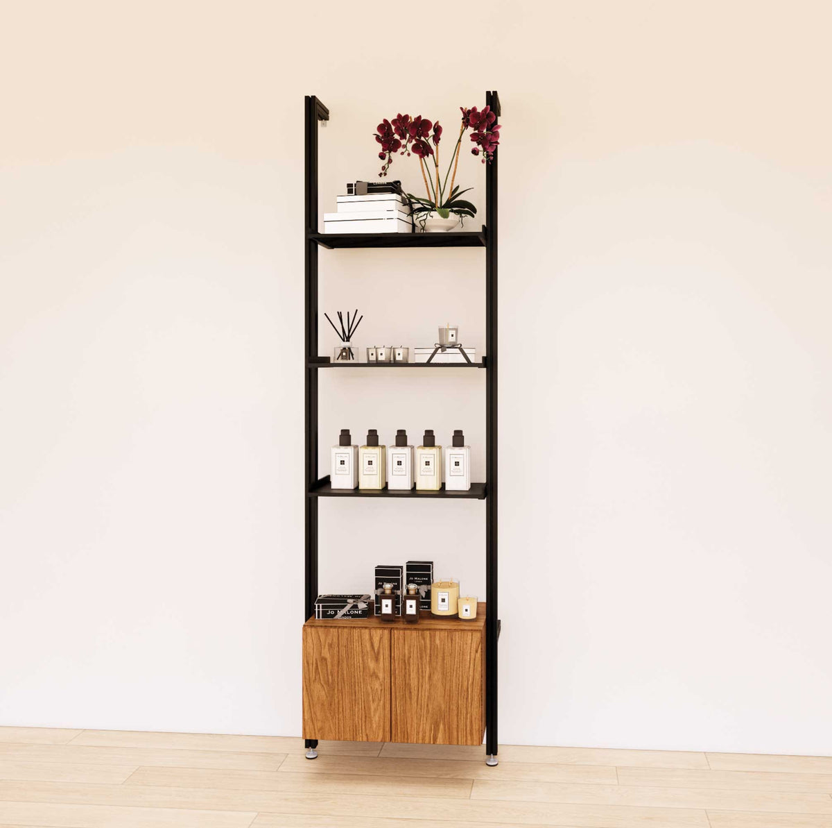 Retail display shelving extension with Tea for Two shelves, black vertical post, and base cabinets in a 24-inch, one-bay configuration, shown with open display shelving.
