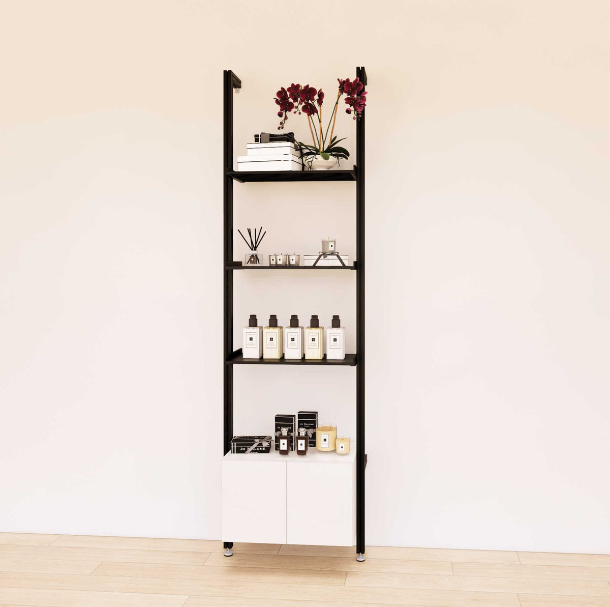 Retail display shelving extension with white shelves, black vertical post, and base cabinets in a 24-inch, one-bay configuration, shown with open display shelving.