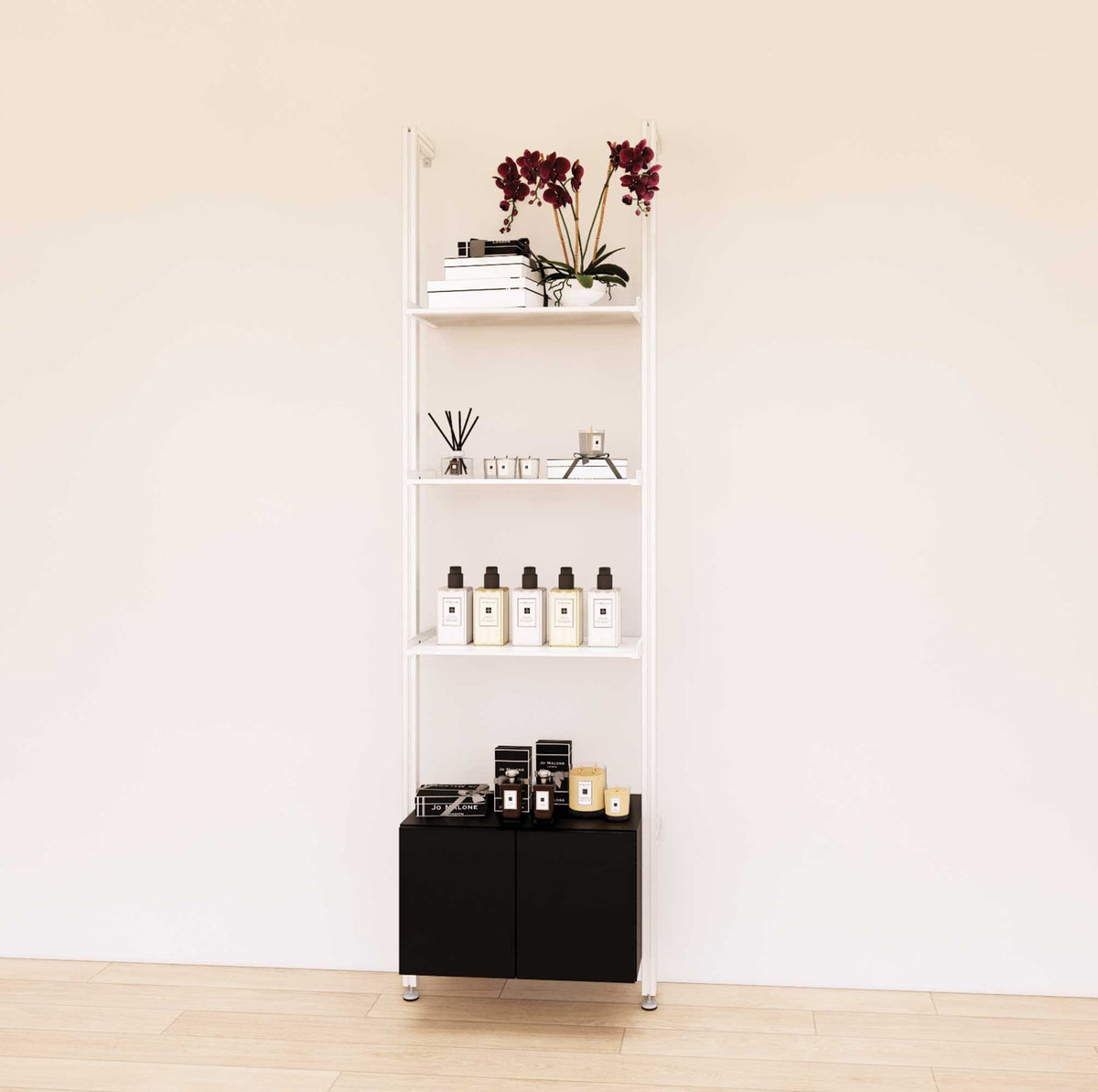 Retail display shelving extension with black shelves, white vertical post, and base cabinets in a 24-inch, one-bay configuration, shown with open display shelving.