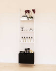 Retail display shelving extension with black shelves, white vertical post, and base cabinets in a 24-inch, one-bay configuration, shown with open display shelving.