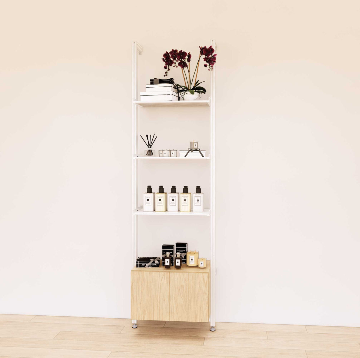 Retail display shelving extension with Casting Light shelves, white vertical post, and base cabinets in a 24-inch, one-bay configuration, shown with open display shelving.