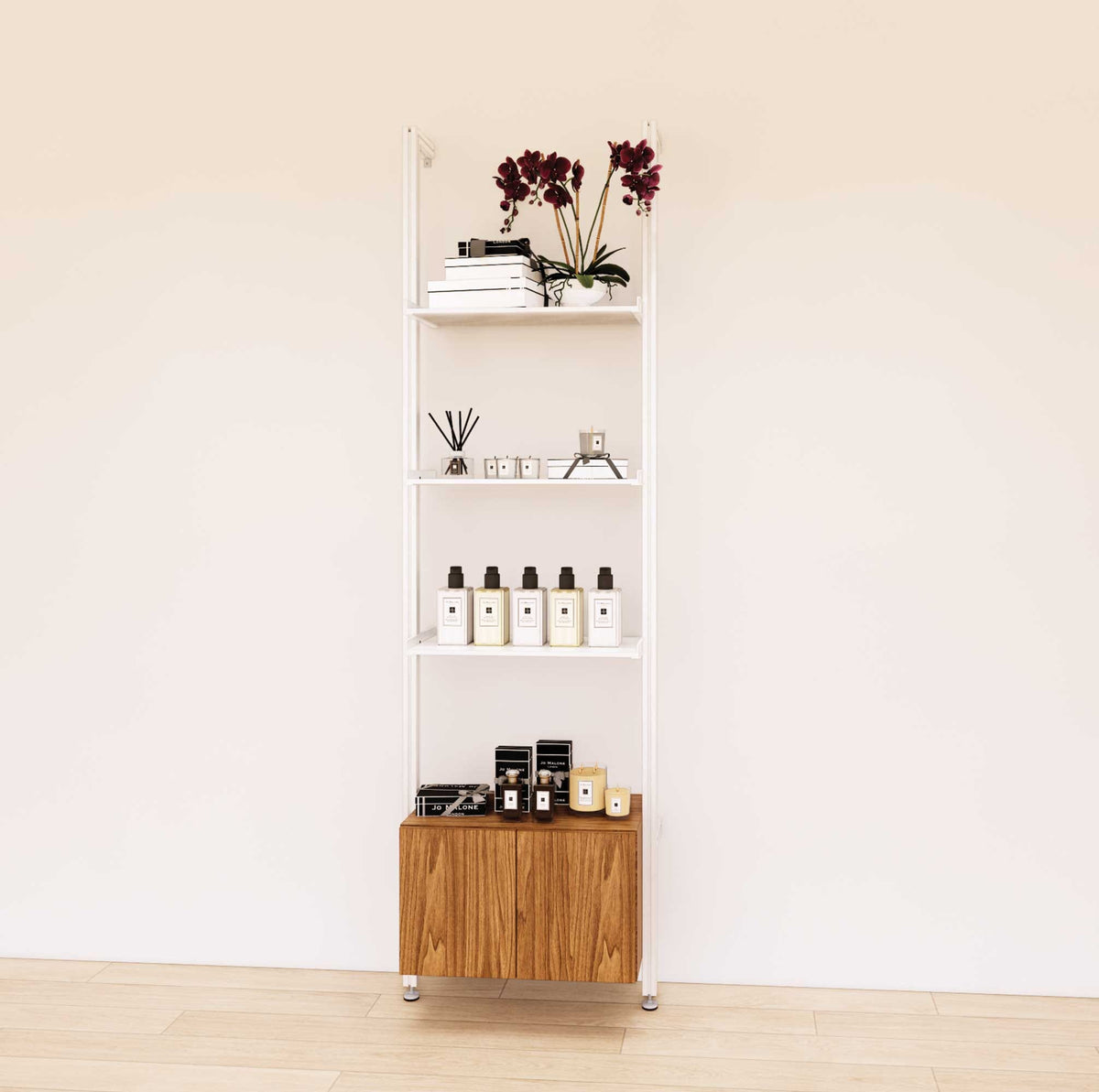 Retail display shelving extension with Tea for Two shelves, white vertical post, and base cabinets in a 24-inch, one-bay configuration, shown with open display shelving.