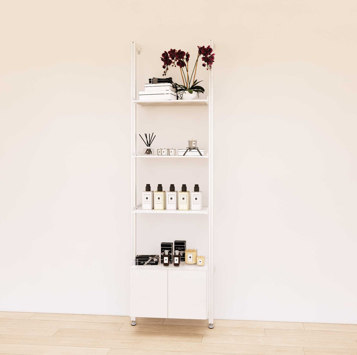 Retail display shelving unit with white shelves, white vertical posts, and base cabinets in a 24-inch, one-bay configuration, shown with open display shelving.
