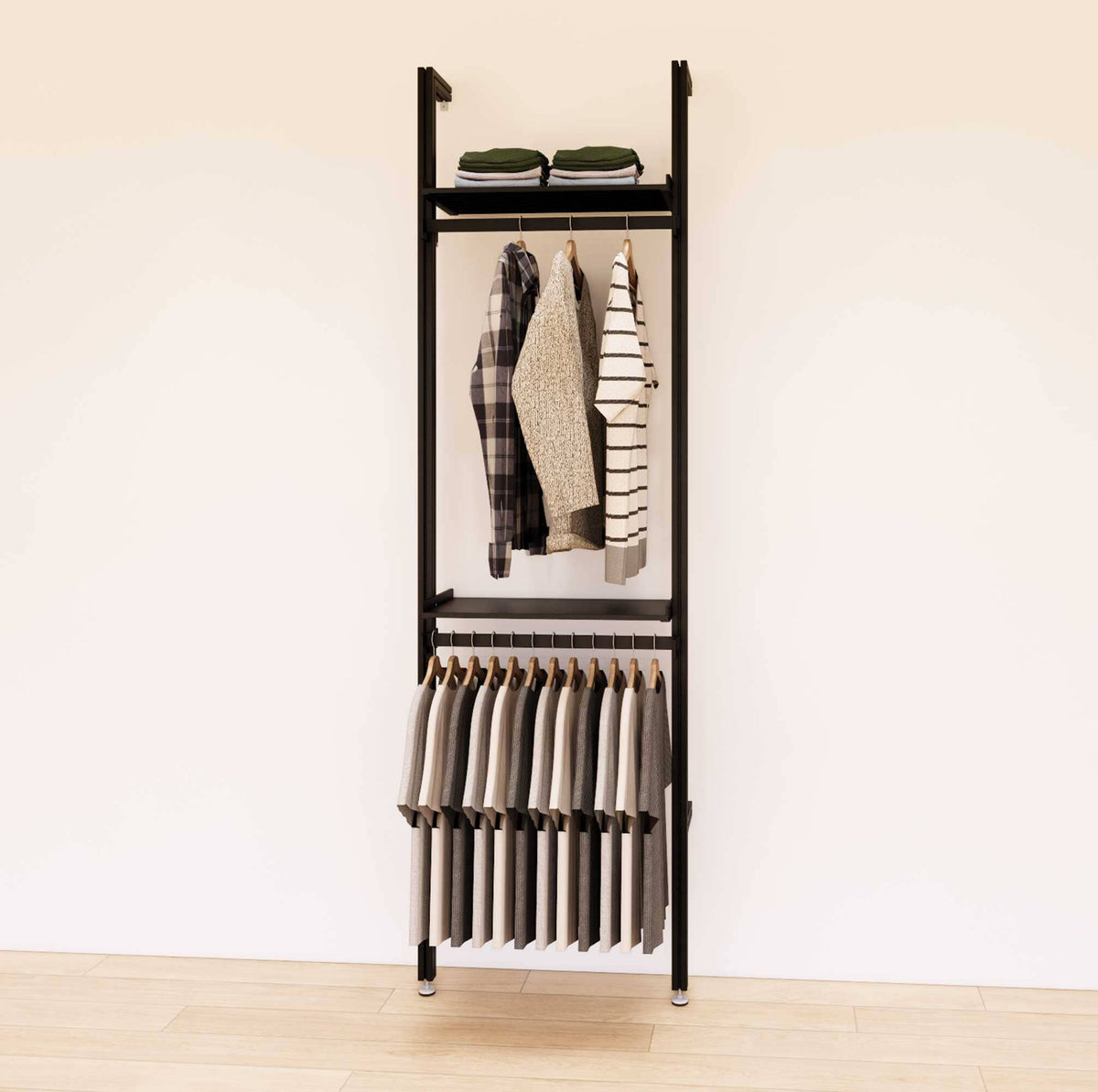 Retail display shelving unit with black shelves and black vertical posts, shown with two display shelves and two hanger bars in a 24-inch, one-bay configuration.