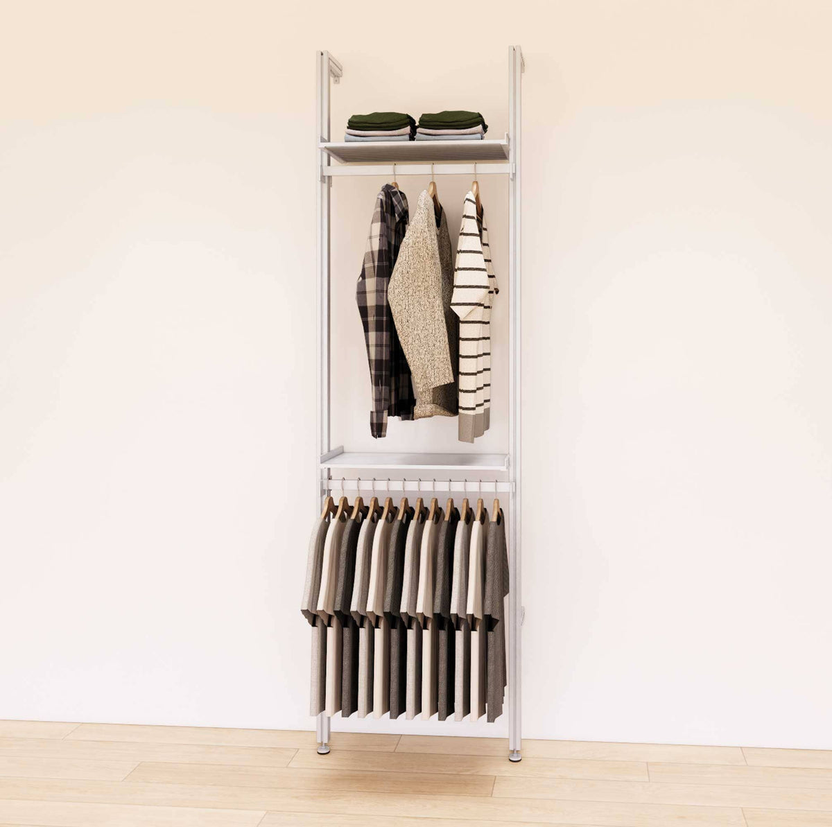 Retail display shelving unit with satin shelves and satin vertical posts, shown with two display shelves and two hanger bars in a 24-inch, one-bay configuration.