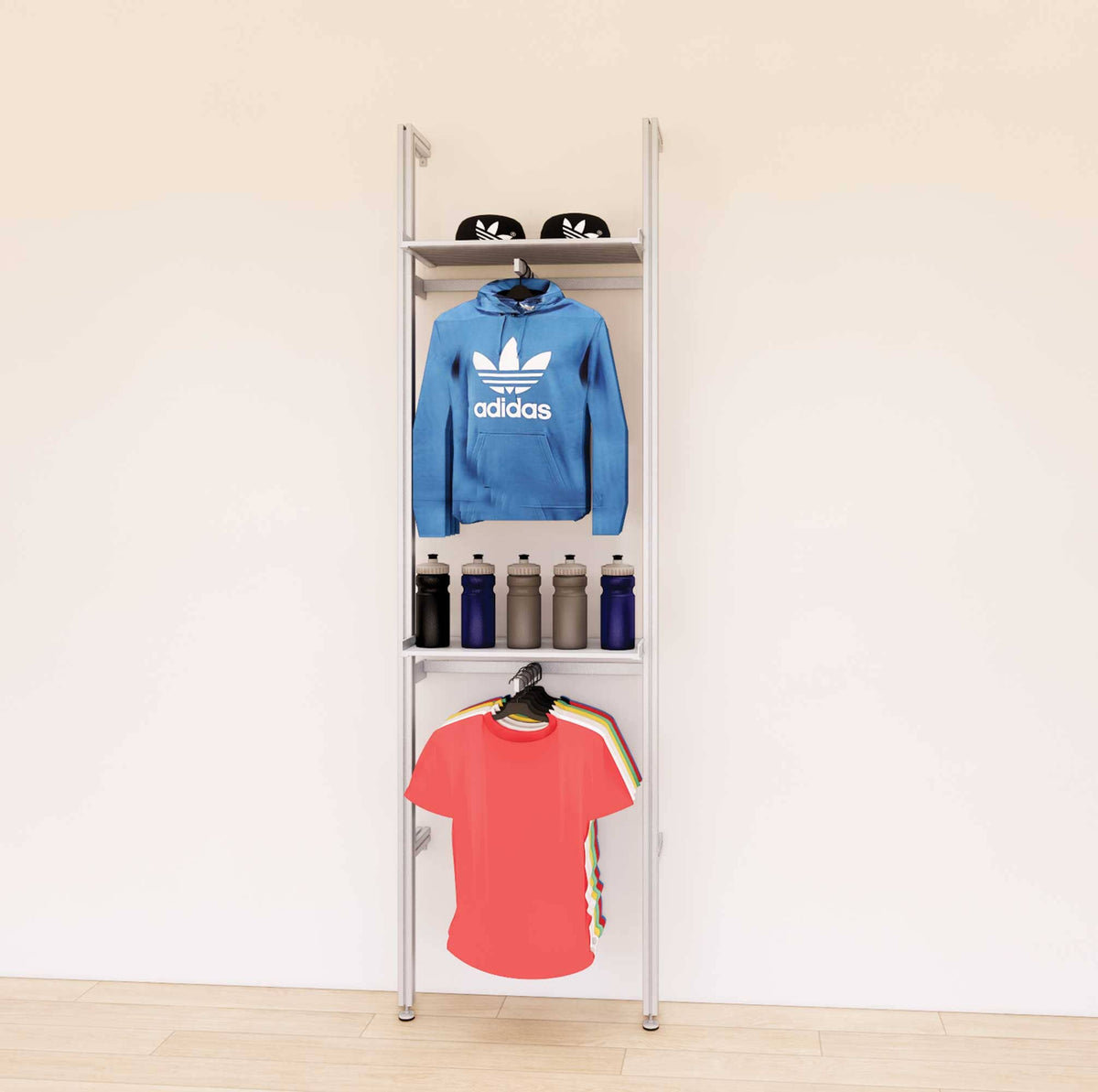 Retail display shelving unit with satin shelves and satin vertical posts, shown with front hanging bars and display shelves in a 24-inch, one-bay configuration.