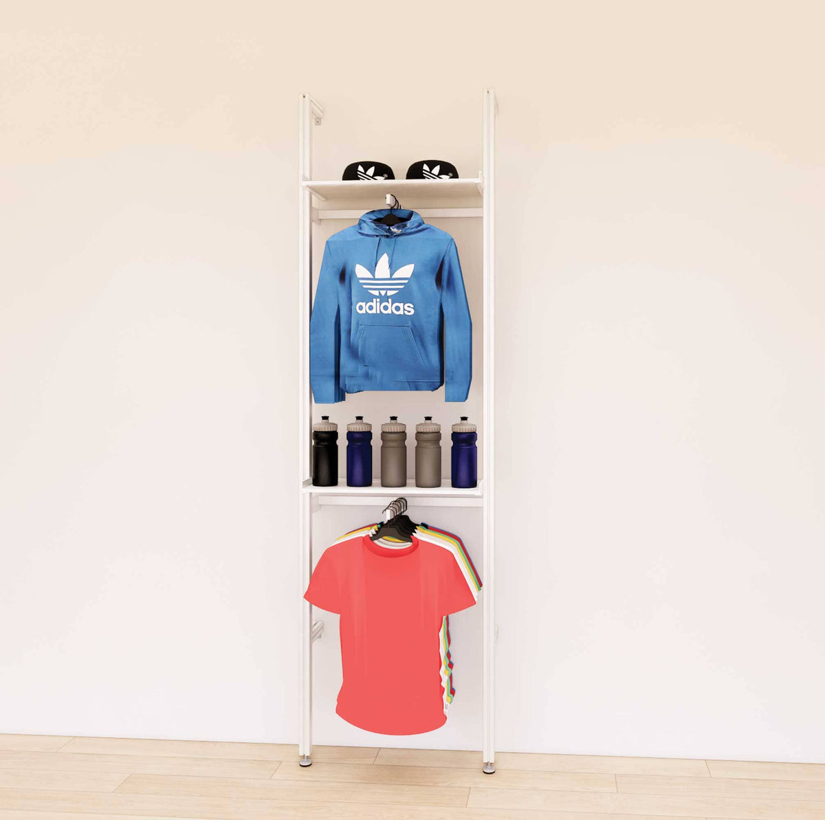 Retail display shelving unit with white shelves and white vertical posts, shown with front hanging bars and display shelves in a 24-inch, one-bay configuration.