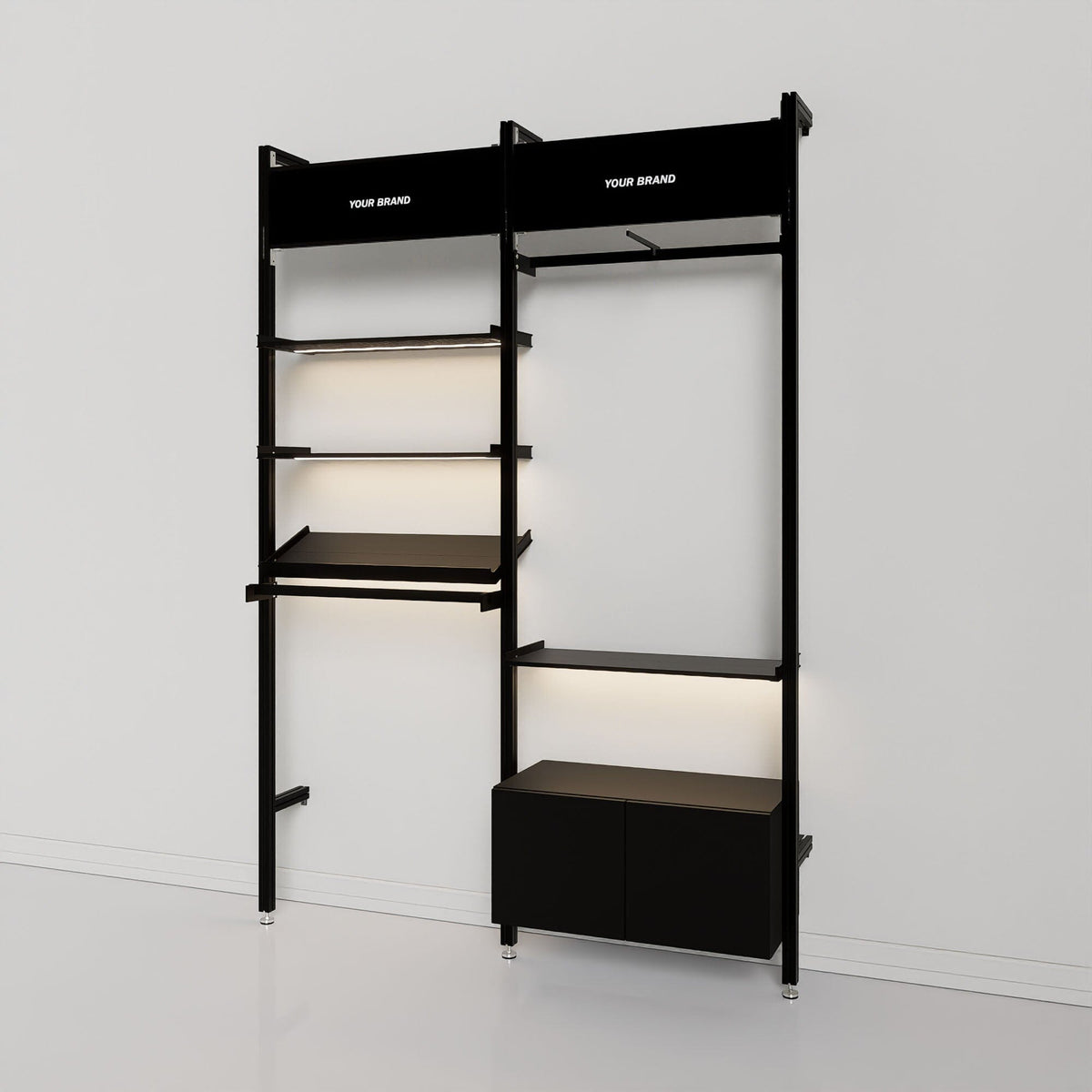 Retail display shelving unit with white shelves and satin vertical posts, two bays.