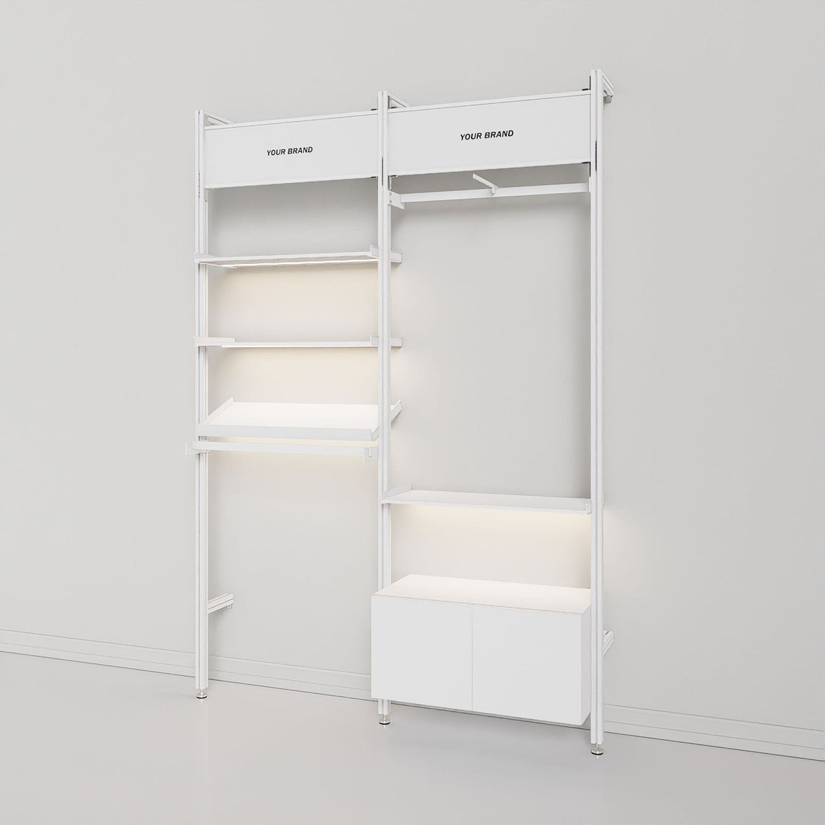 Retail display shelving unit with black shelves and satin vertical posts, two bays.