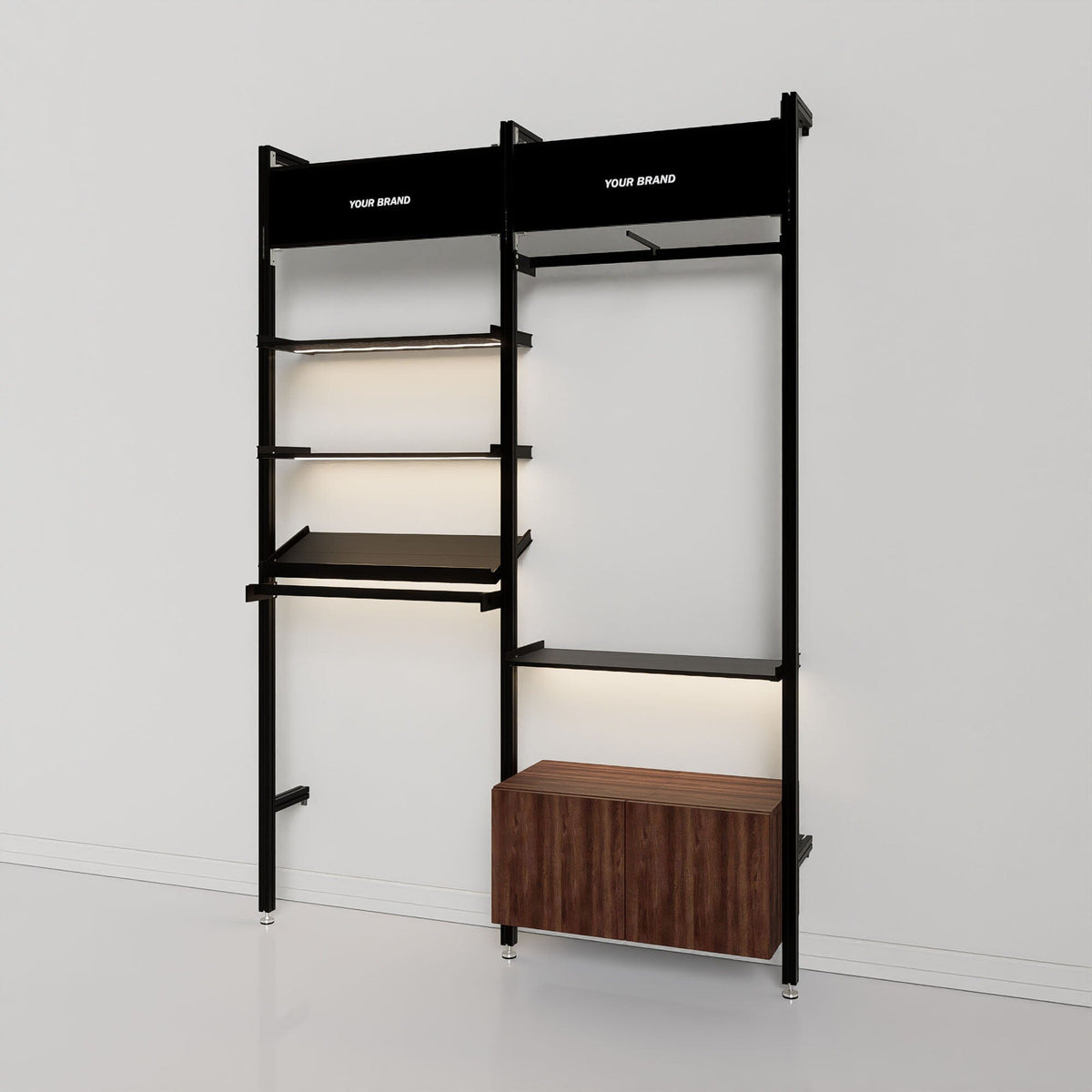 Retail display shelving unit with white shelves and white vertical posts, two bays.